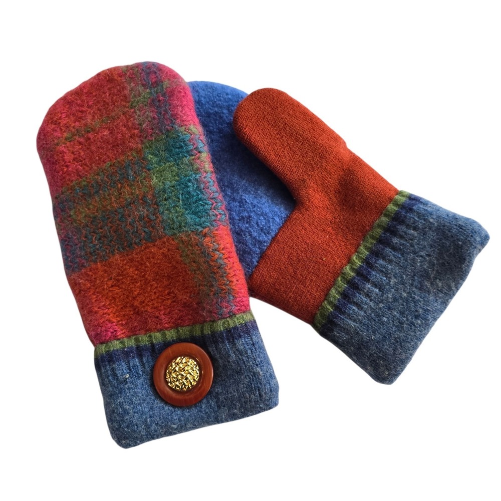 Handmade Felted Wool Sweater Mittens Cuff Style Upcycled Fleece Lined Artsy EUC